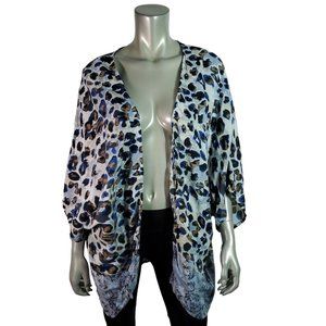 Tanzara‎ Top Plus Size 3X Leopard Print Open Front Lightweight 3/4 Sleeve Blue
